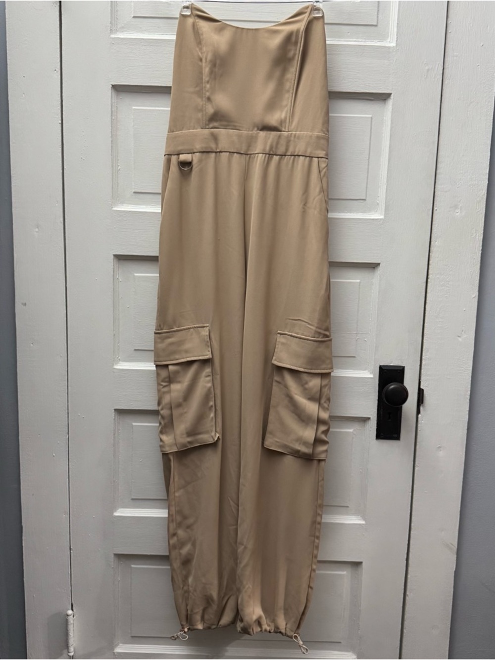 Skylar Rose Beige Strapless Cargo Jumpsuit Wide Leg Utility M - Picture 1 of 14